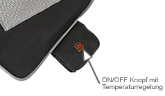 Der Thermo Seat besteht aus einem dünnen und elastischen Stoff mit Carbonfasern. An der Seite befindet sich die Akkutasche inkl. ON/OFF Schalter mit Temperaturregelung.